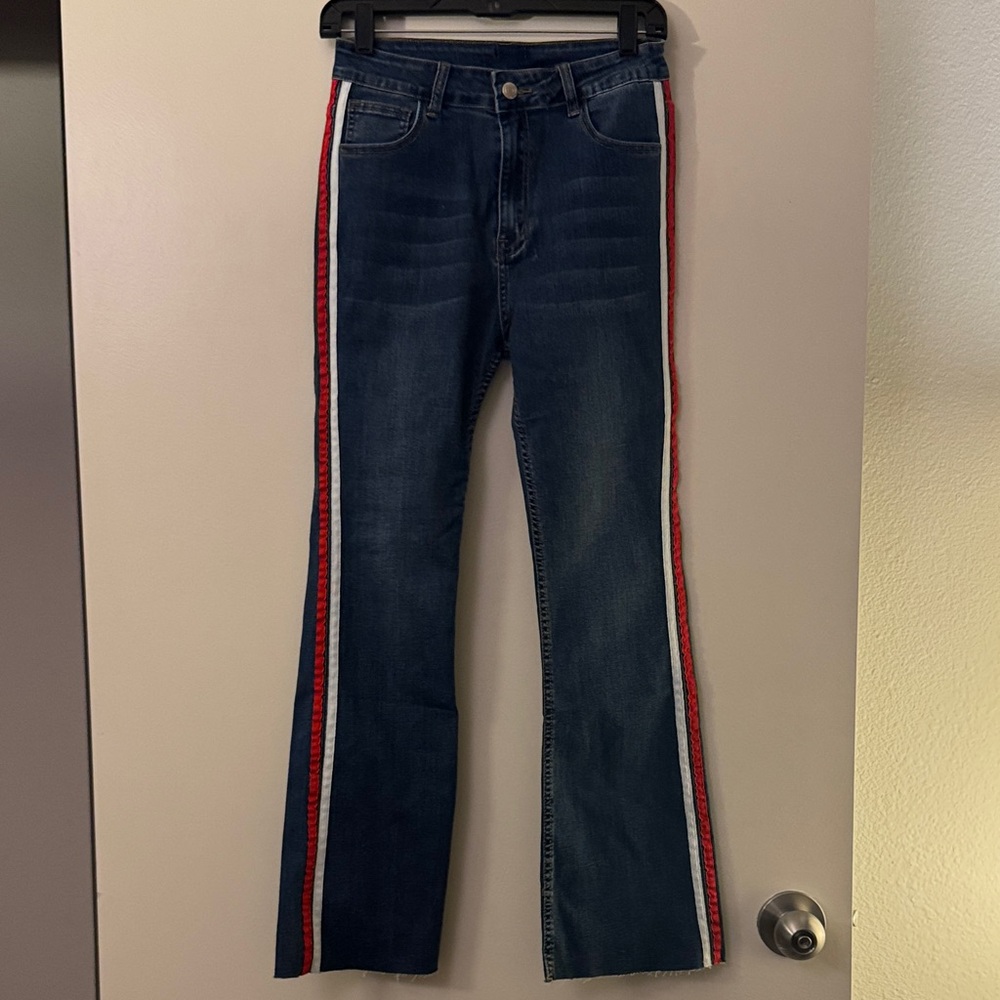 Women's Flare Jeans with Red and White Stripes